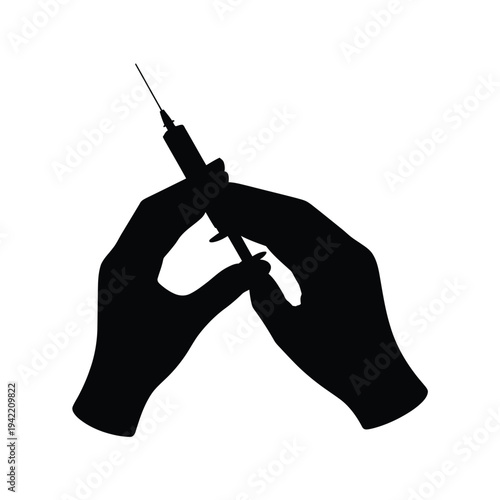 Hands holding a syringe in a stark black silhouette illustration