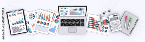 ノートパソコンとビジネス関連のグラフやチャート、デジタル技術とビジュアライゼーションテクノロジー