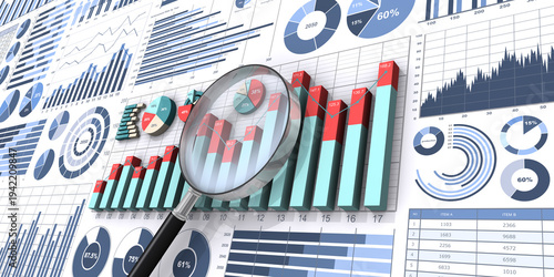 3Dと2Dのビジネグラフと虫メガネ、ビジネスデータの調査・分析