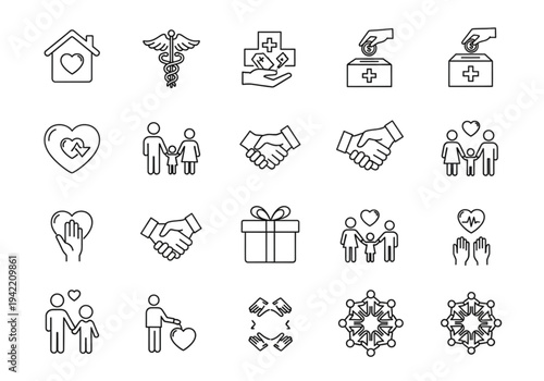 Charity and donation icon set, thin line style for non-profit, volunteering, and community support concepts