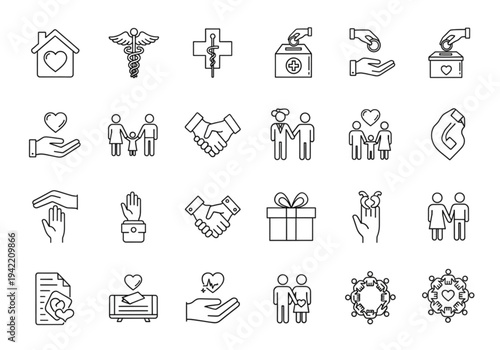 Charity and donation icon set, thin line style for non-profit, volunteering, and community support concepts