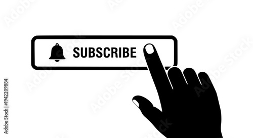Black silhouette of a human finger pressing a notification bell icon next to the word subscribe button on transparent background