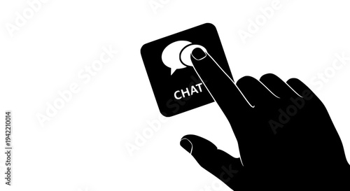 Finger pressing a black square button with a white chat bubble icon and the word CHAT for online communication, instant messaging, digital connection, and customer service concept on transparent backg