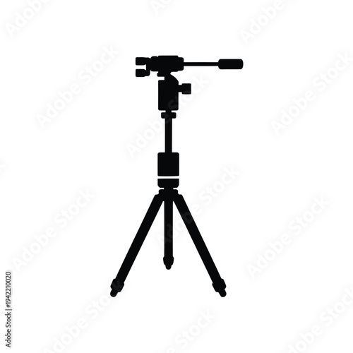 Black silhouette of a camera mounted on a tripod against a white background