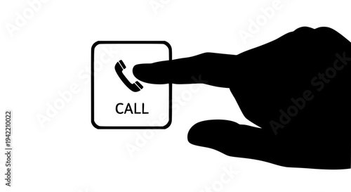 Silhouette hand pressing a digital icon button labeled call featuring a telephone receiver graphic, communication concept interface element on transparent background