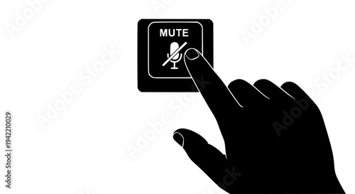 A human hand presses the mute button icon during an online virtual meeting or digital communication session, symbolizing audio control and privacy settings on transparent background. 