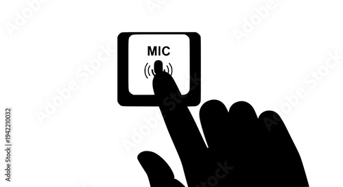 Silhouette hand finger pressing square button labeled MIC with audio signal icon for voice recording activation on transparent background