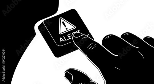 Finger pressing clearly visible large black emergency alert button displaying a caution triangle icon and text label on transparent background