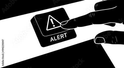 Finger pressing large button labeled alert featuring caution warning triangle symbol during critical moment of digital system activation on transparent background