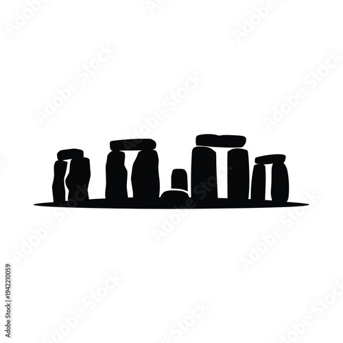 Silhouetted stonehenge a prehistoric monument against a white background