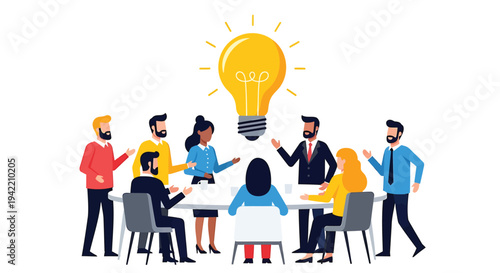 Vector illustration of 7 people brainstorming with lightbulb moment