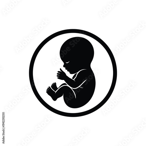 Fetal position silhouette within a circular frame representing prenatal life