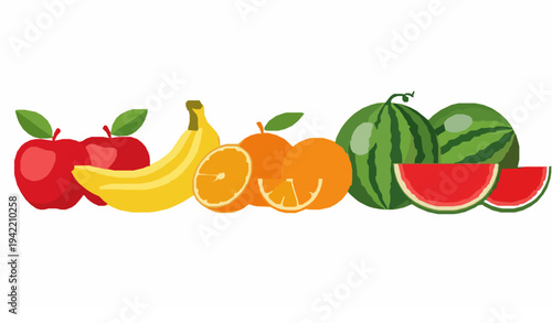 Fresh Fruit Vector Collection with Apples Bananas Oranges and Watermelon in Colorful Healthy Food Illustration