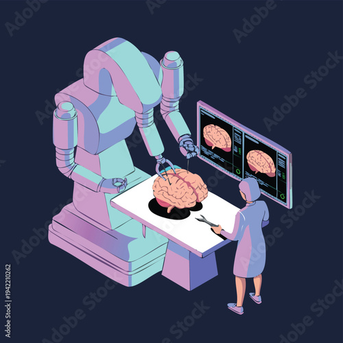 Female neurosurgeon and robot assistant in operating room