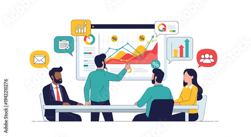 Vector illustration of business people in meeting with presentation