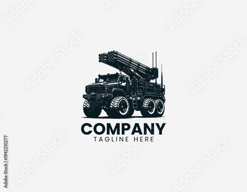 Heavy off road rocket launcher truck with rugged military vehicle design in detailed monochrome vector illustration style