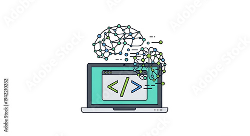 Conceptual illustration representing artificial intelligence, machine learning, and computer programming with a laptop and neural network
