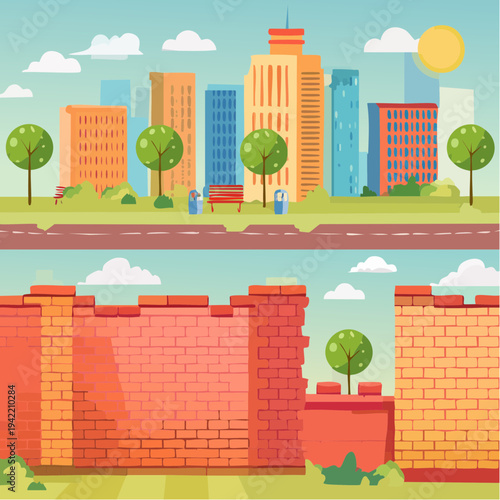 Kolorowy miejski krajobraz z parkiem i fragmentem muru obronnego w stylu płaskiej grafiki.