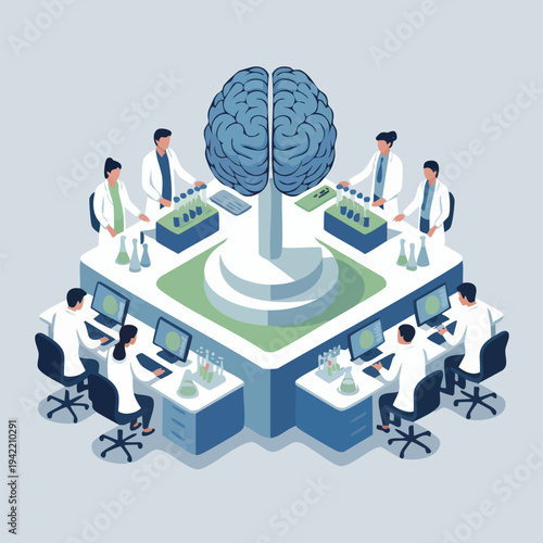 Neuroscience Research Team Studying Human Brain in Laboratory Isometric Vector Illustration
