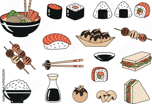 Asian Cuisine Japanese Street Food Doodle Cartoon Collection
