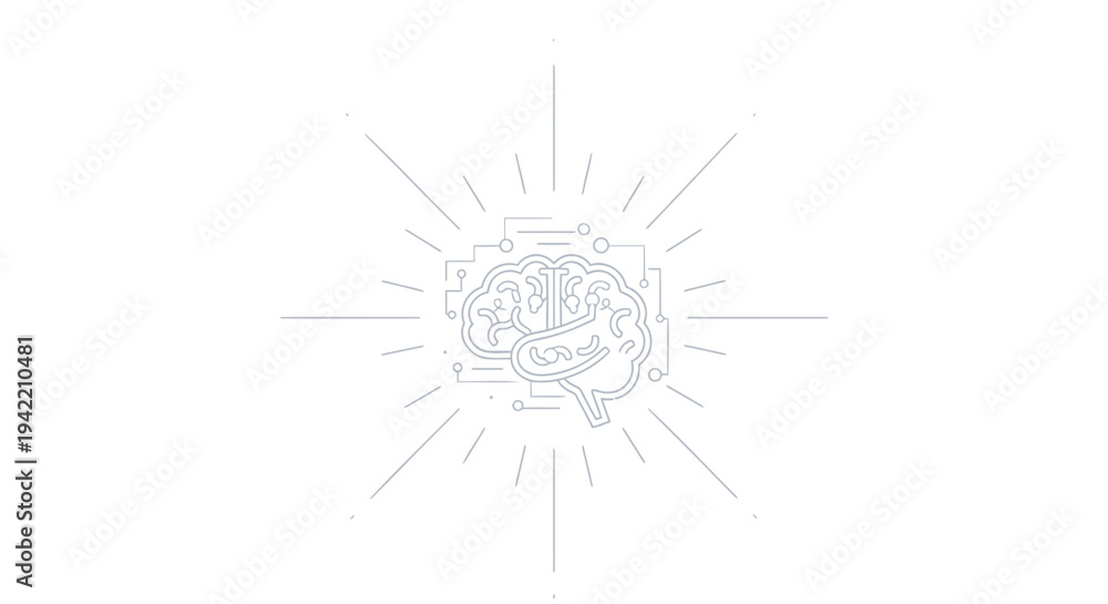 Obraz premium Vector brain icon with light rays, gray illustration