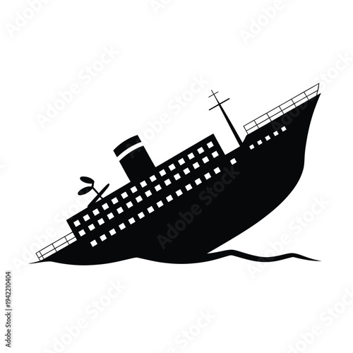 A sinking ship illustration depicted in a stark black and white style