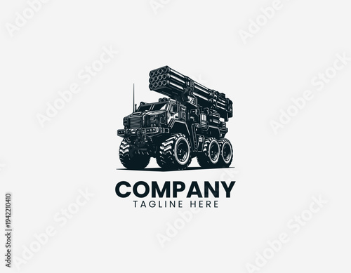 Heavy off road rocket launcher truck with rugged military vehicle design in detailed monochrome vector illustration style