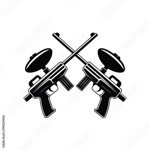 Two futuristic ray guns crossed in a black and white vector illustration