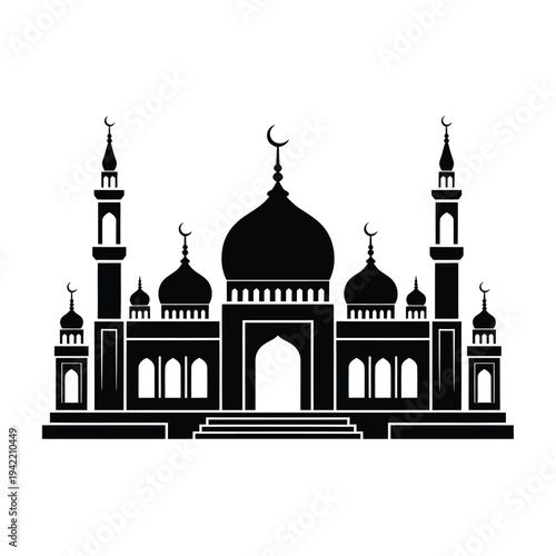 Elegant black silhouette of a traditional islamic mosque with crescent moons