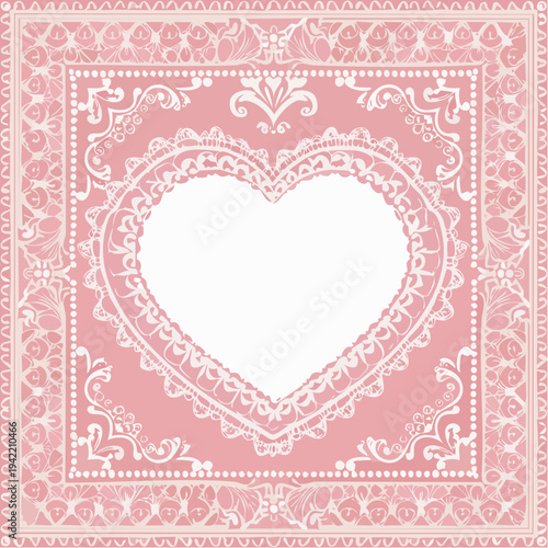 ピンク色の繊細なレース模様で装飾されたハート型のフレーム背景素材。ヴィンテージ風の優雅なデザインで、バレンタインデーや結婚式の招待状、大切な人へのメッセージカード、ロマンチックな演出に最適な高品質なイラストレーション。