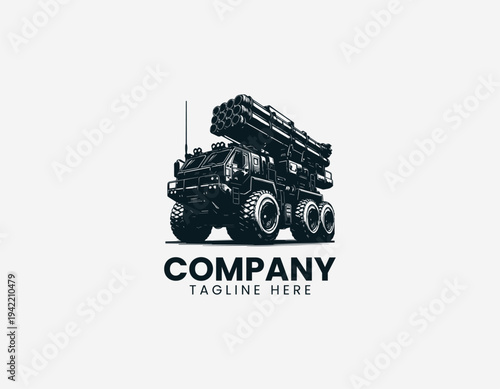 Heavy off road rocket launcher truck with rugged military vehicle design in detailed monochrome vector illustration style
