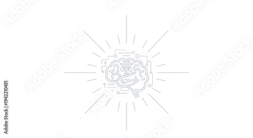 Vector brain icon with light rays, gray illustration
