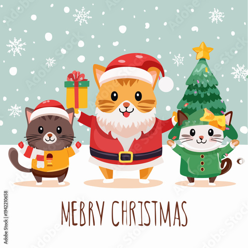 Urocze kotki w świątecznych strojach z choinką i prezentem na tle padającego śniegu.