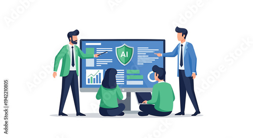 Vector illustration of people working with data security on a large screen