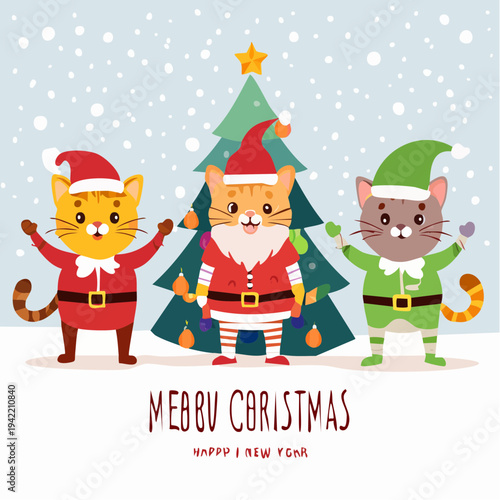 Trzy urocze koty w świątecznych strojach Mikołaja i elfa pozują na tle choinki podczas zimy.