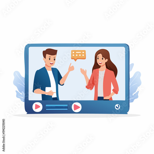 Dos creadores de contenido interactuando en una pantalla de reproducción de video con burbuja de chat.