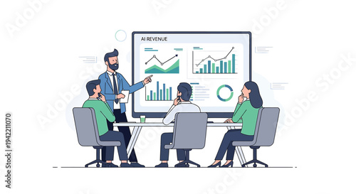 Vector illustration of business team meeting with graphs on screen