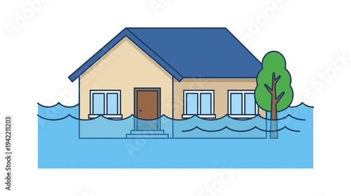 Flat vector outline illustration of a flooded house with rising water, flood disaster concept, simple geometric shapes, solid colors only
