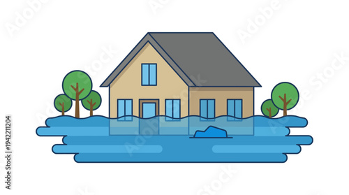 Flat vector outline illustration of a flooded house with rising water, flood disaster concept, simple geometric shapes, solid colors only