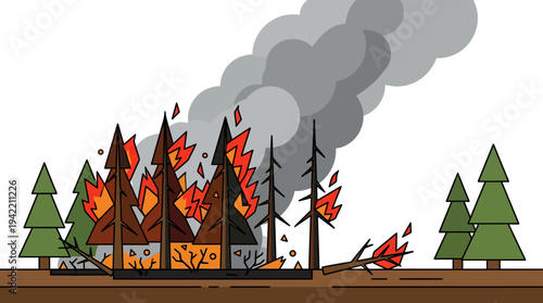 Flat vector outline illustration of a forest fire with burning trees, wildfire disaster concept