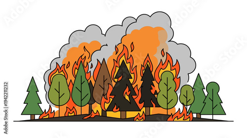 Flat vector outline illustration of a forest fire with burning trees, wildfire disaster concept