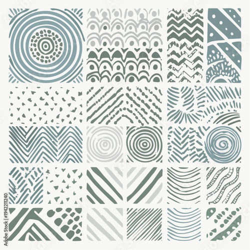 手書き風の民族的なパターンを集めた抽象的なベクターイラストで、同心円やジグザグ、ドット、波線などの様々な幾何学模様がグリッド状に配置されており、テキスタイルデザインや背景素材、クラフトプロジェクトの装飾に最適な、落ち着いた色合いのモダンなグラフィックデザイン素材です。