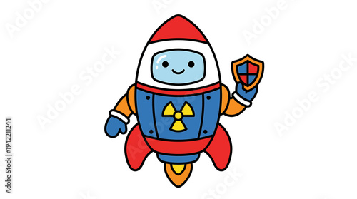 Cute Cartoon Rocket Wearing Shield and Cape. Vector Illustrations. EPS Editable