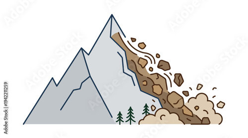 Minimal outline vector of a landslide falling from a mountain, natural disaster concept, simple flat design, clean lines, limited solid colors