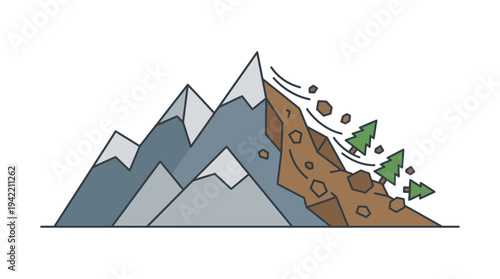 Minimal outline vector of a landslide falling from a mountain, natural disaster concept, simple flat design, clean lines, limited solid colors
