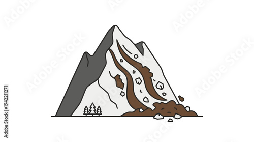 Minimal outline vector of a landslide falling from a mountain, natural disaster concept, simple flat design, clean lines, limited solid colors