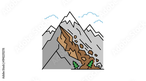 Minimal outline vector of a landslide falling from a mountain, natural disaster concept, simple flat design, clean lines, limited solid colors