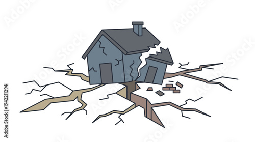 Minimal outline vector of a cracked ground with broken house, earthquake disaster concept