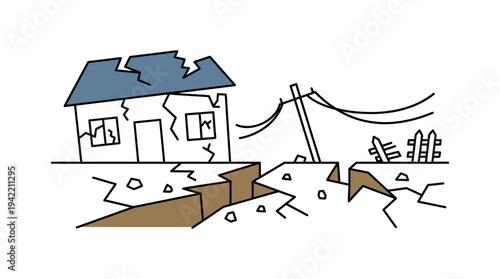 Minimal outline vector of a cracked ground with broken house, earthquake disaster concept