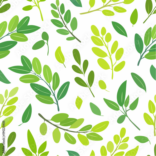 Wzór botaniczny z zielonymi liśćmi i gałązkami na białym tle, idealny do projektów ekologicznych.